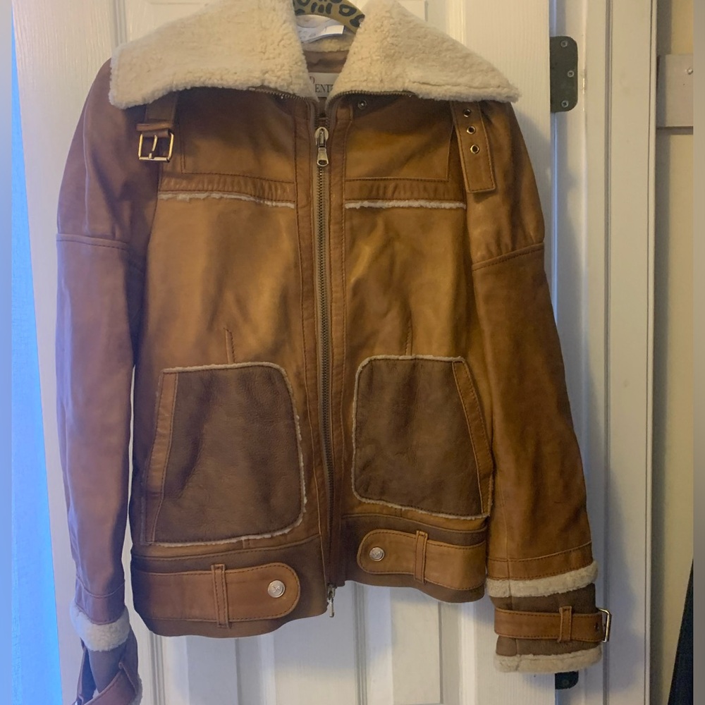Red Valentino leather and shearling coat